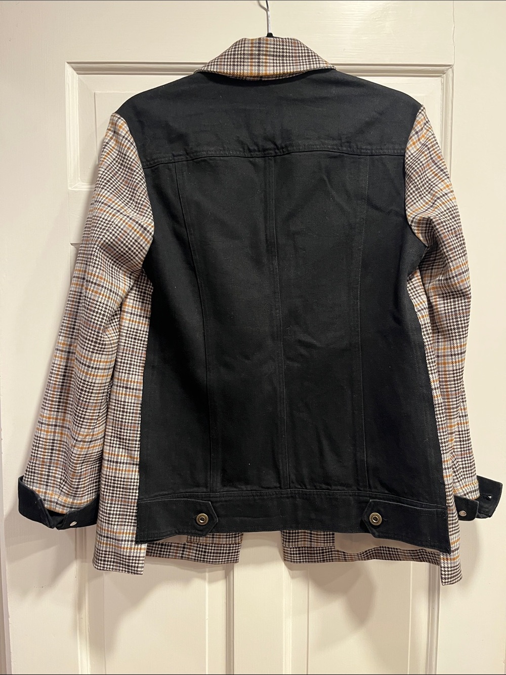 Ella Moss Plaid Single-Button Blazer in Black & Tan with black denim back